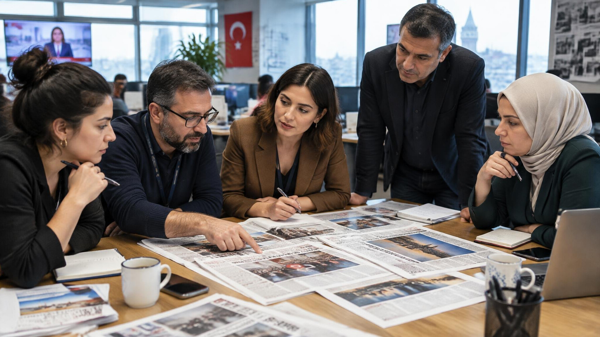Editorial team in a meeting reviewing news coverage