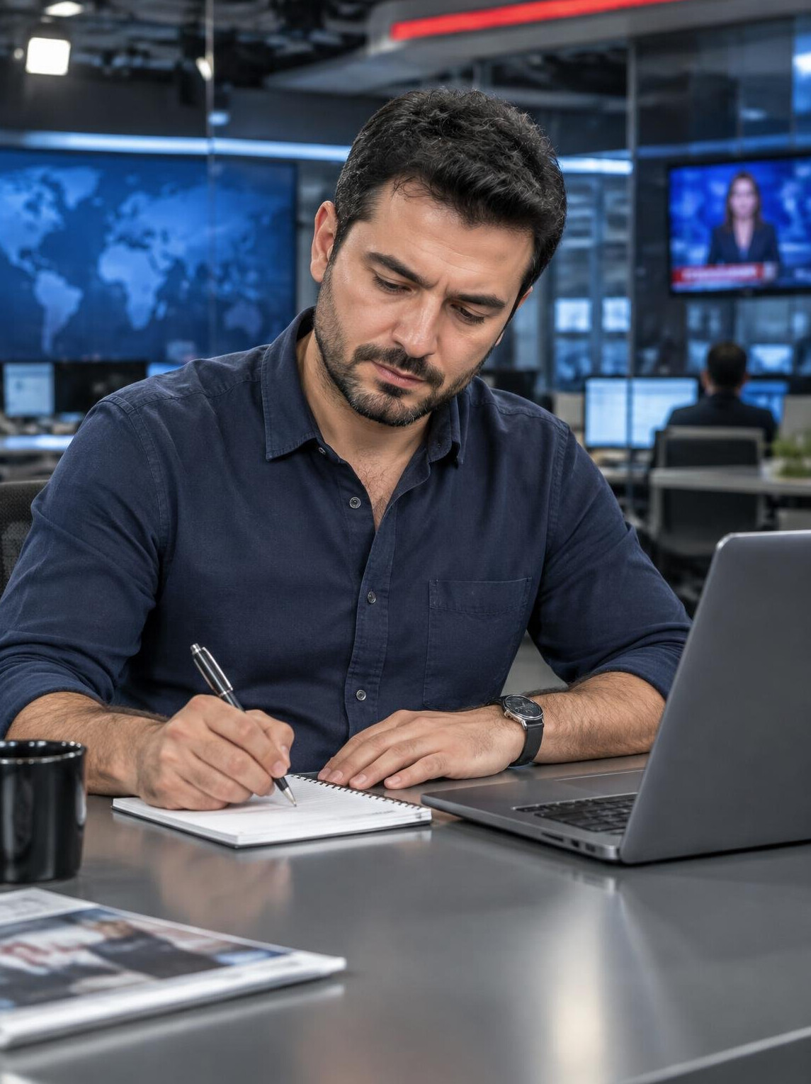 Turkish journalist writing notes at a desk with a laptop