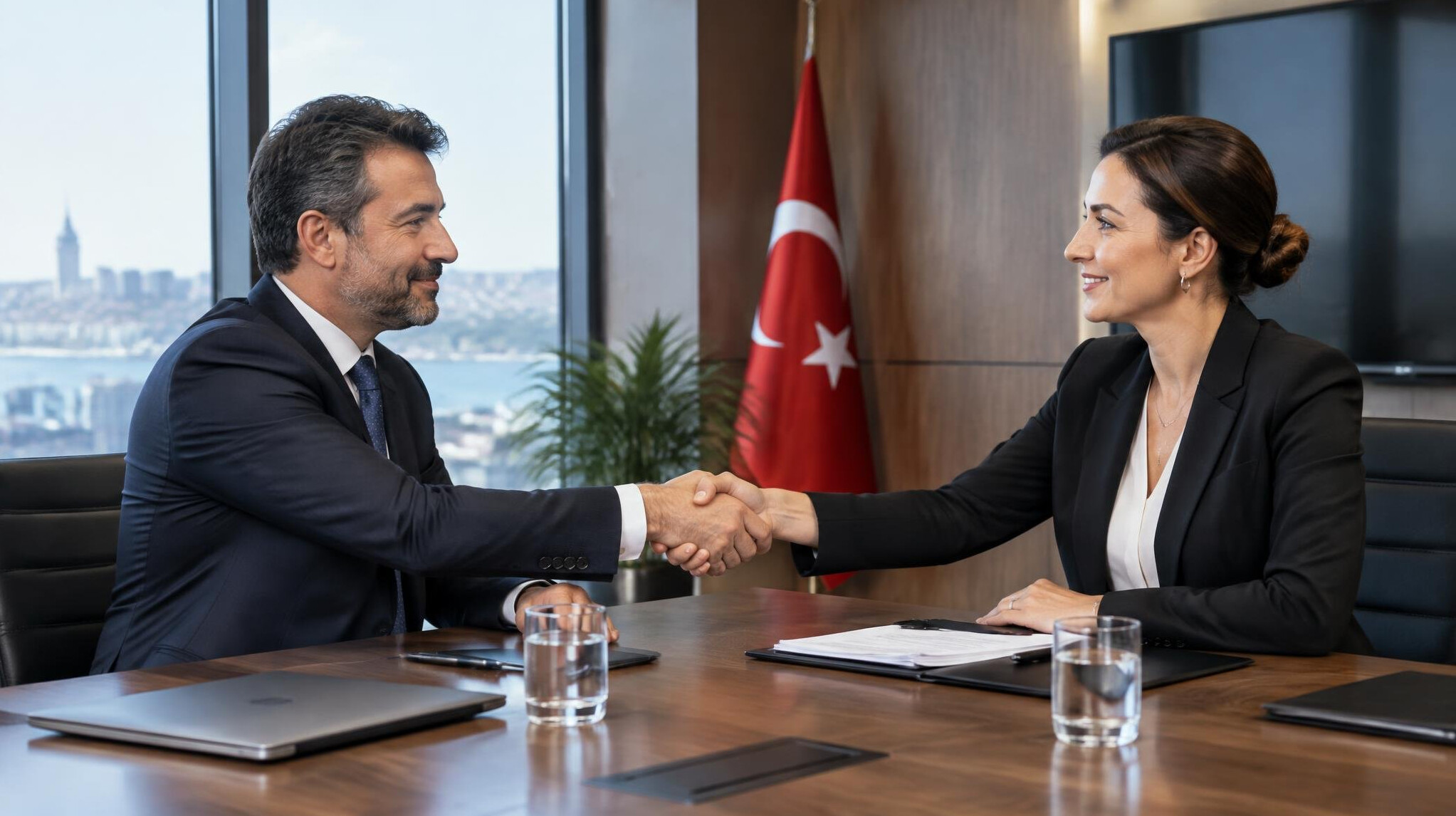 Two business partners shaking hands over a media partnership agreement